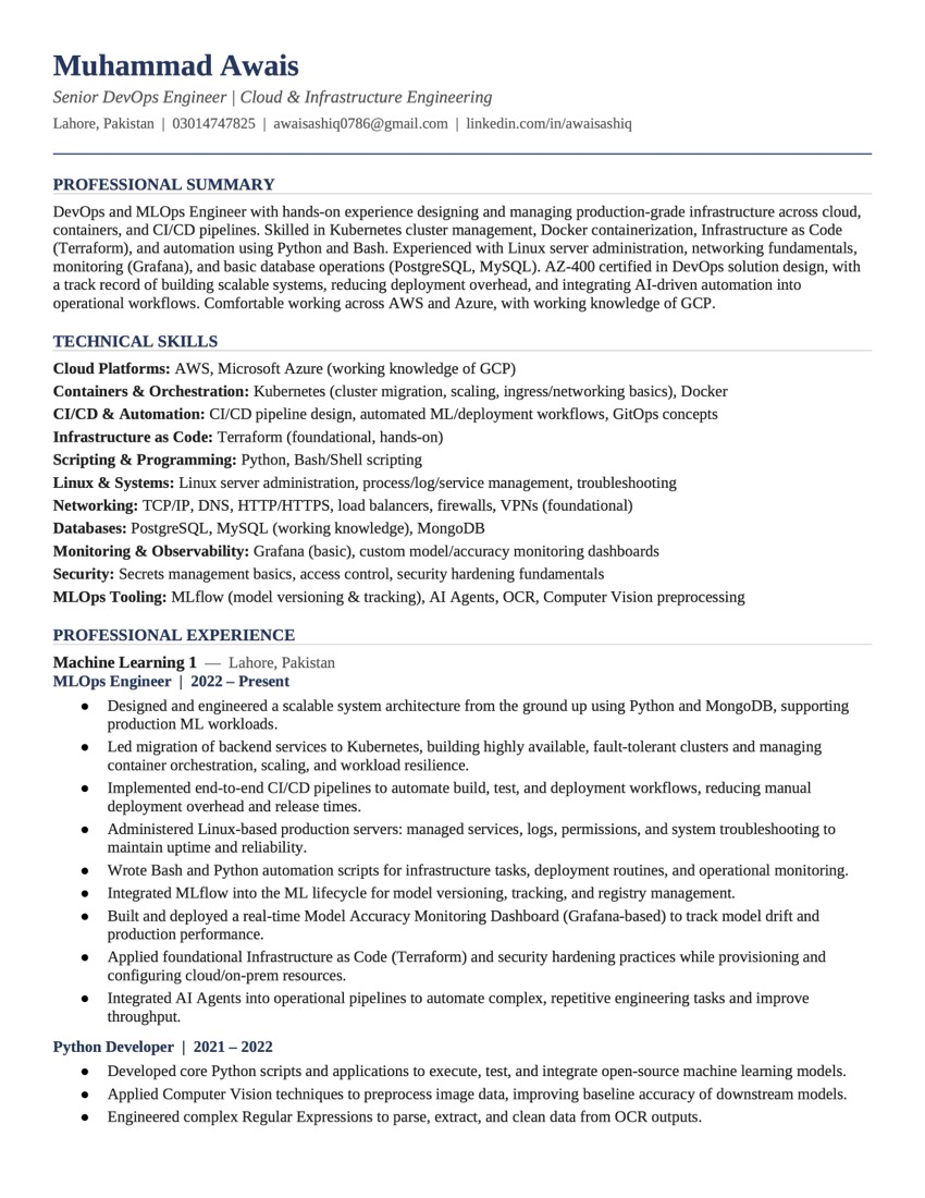 Résumé page 1 — professional summary, technical skills, and professional experience as MLOps Engineer and Python Developer.