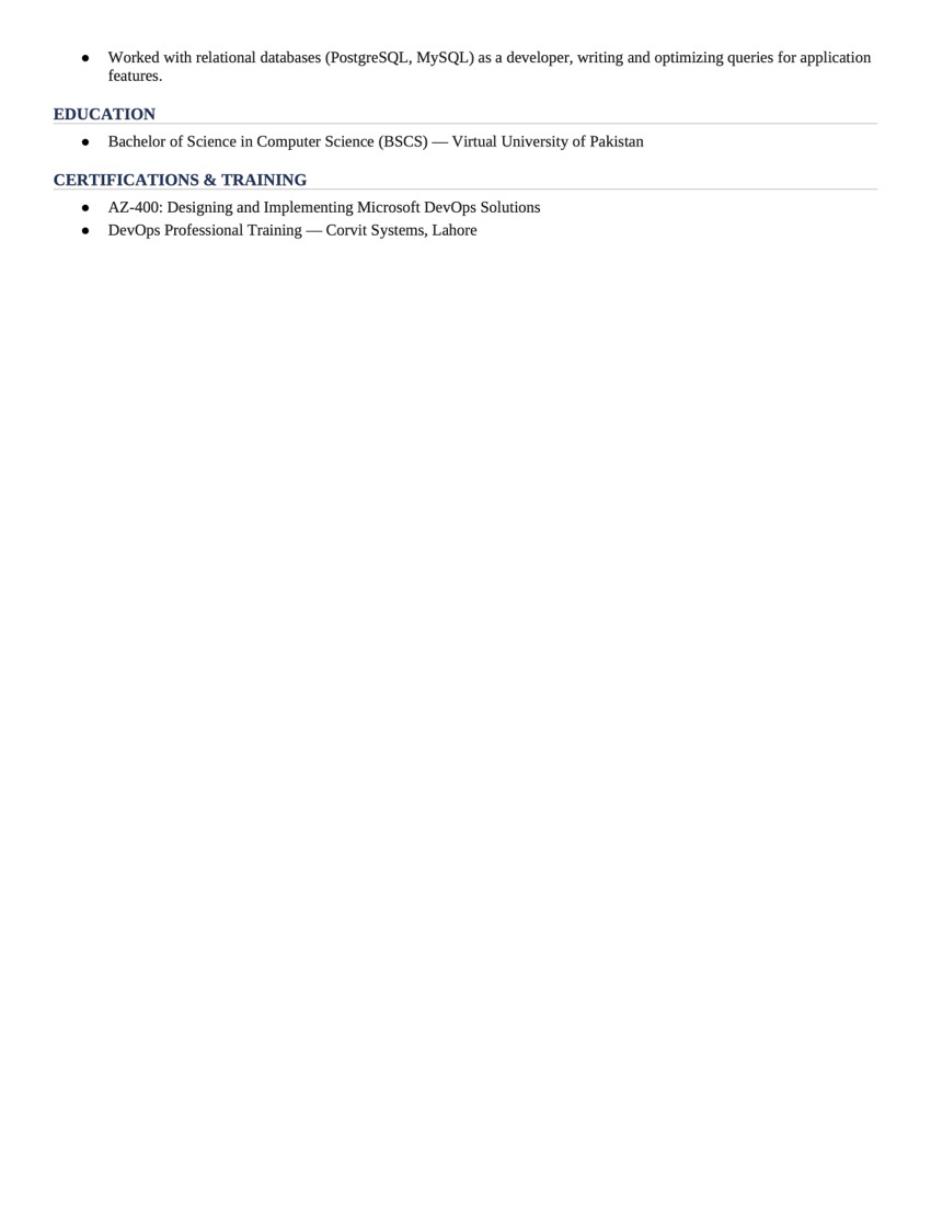 Résumé page 2 — remaining experience, education (BSc Computer Science, Virtual University of Pakistan), and certifications including AZ-400.